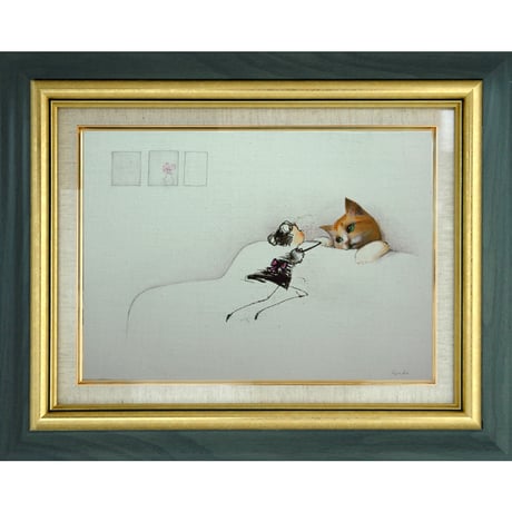 絵画額付き ( 黒 ) 油絵F4-090318可愛い子猫たち