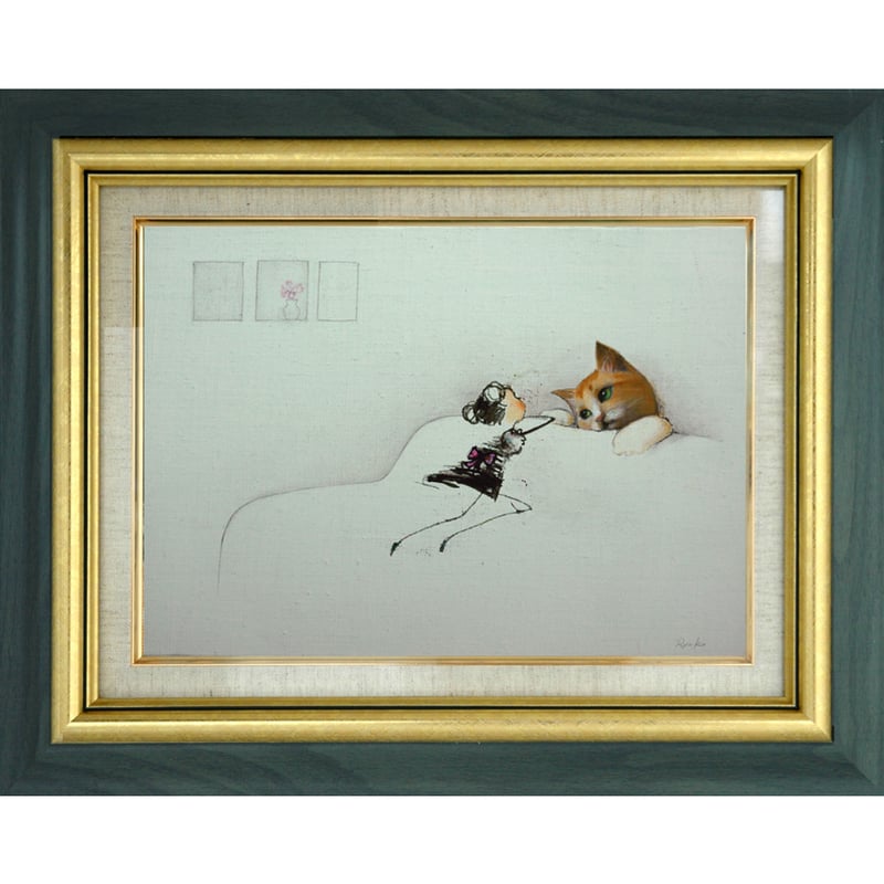 絵画 インテリア 額付( 白 ) 油絵 F4-090518 可愛い子猫と女の子 絵画 額付き ( 白 ) 油絵F4-090518 可愛い子猫と女の子 絵画額