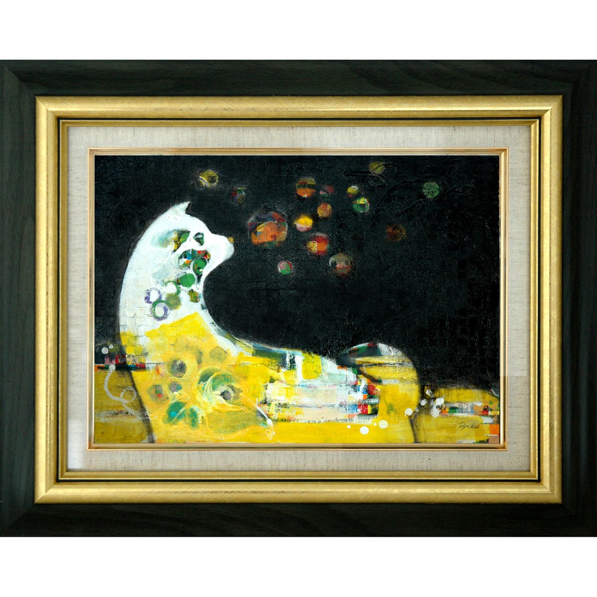 絵画 インテリア 額付(黒) 油絵 uF6-050720 可愛い子犬 絵画 額付（黒）油絵uF6-050720可愛い子犬