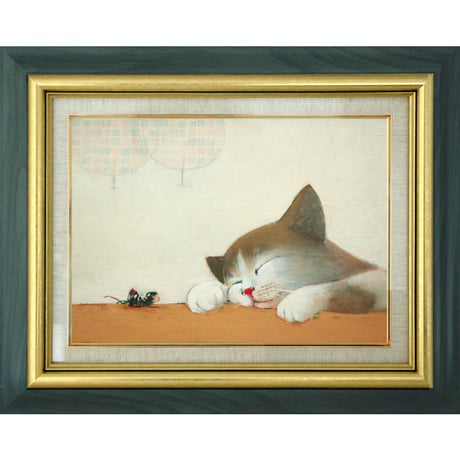 絵画額付き ( 白 ) 油絵F4-090518可愛い子猫と女の子