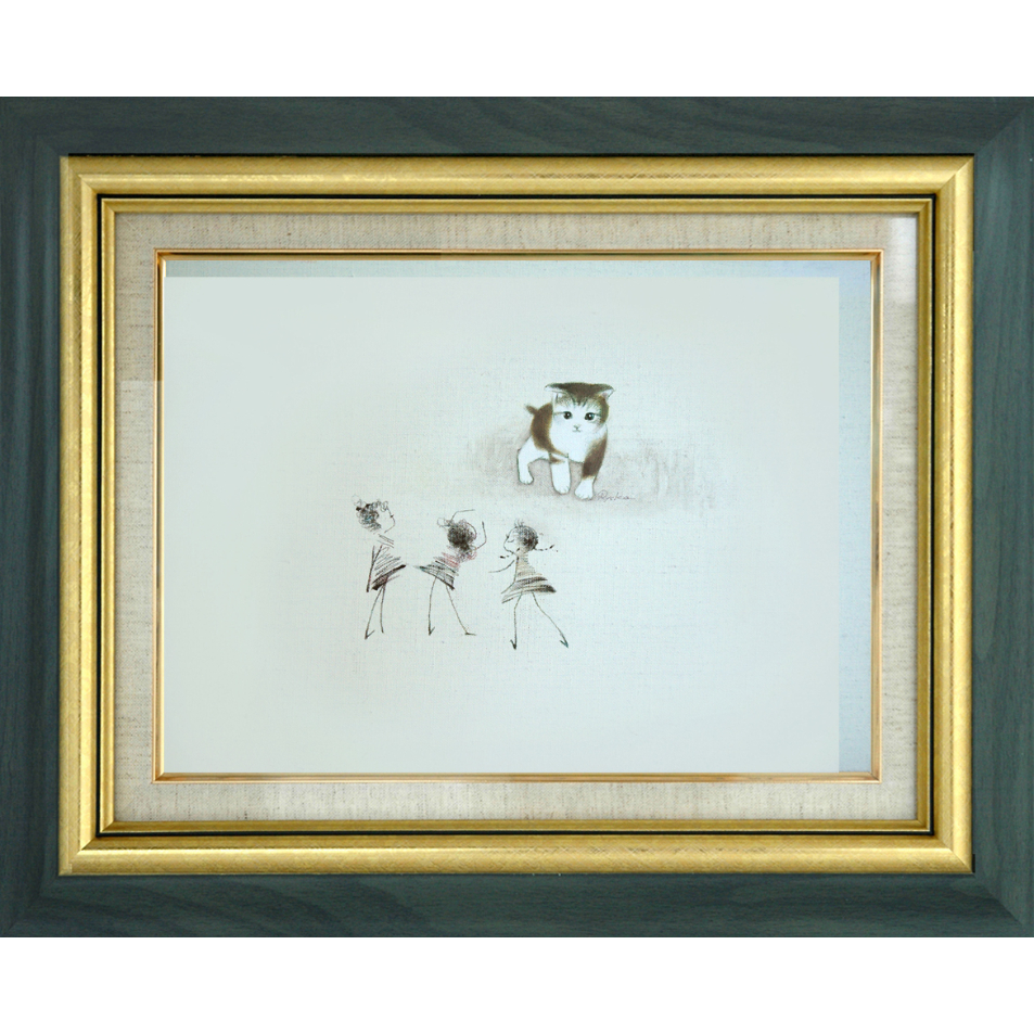 絵画額付 ( 白 ) 油絵F4-091418 可愛い子猫