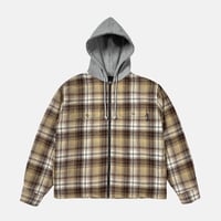 Hooded Zip Up Plaid Shirt Jacket (Brown)
