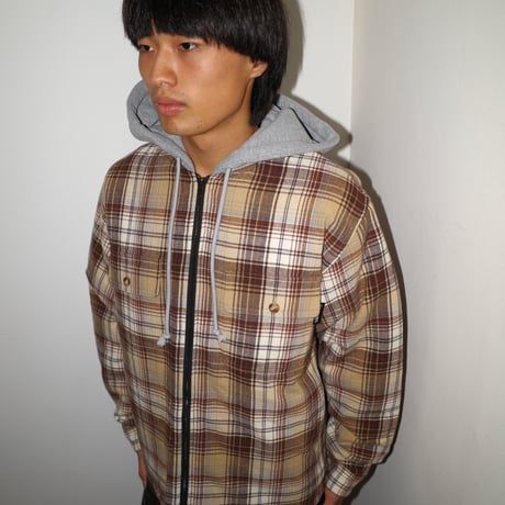 Hooded Zip Up Plaid Shirt Jacket (Brown)