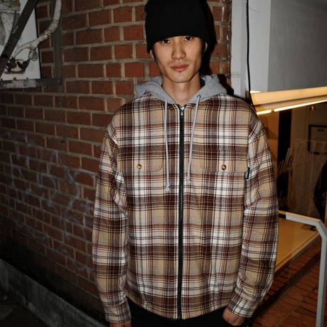 Hooded Zip Up Plaid Shirt Jacket (Brown)