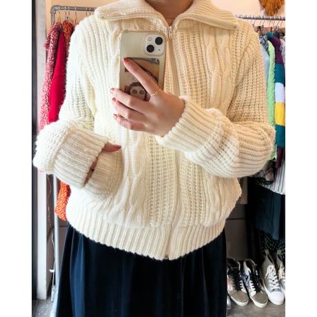 white knit zip cardigan