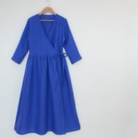 海色のカシュクールワンピース　リネン100％　ロイヤルブルー