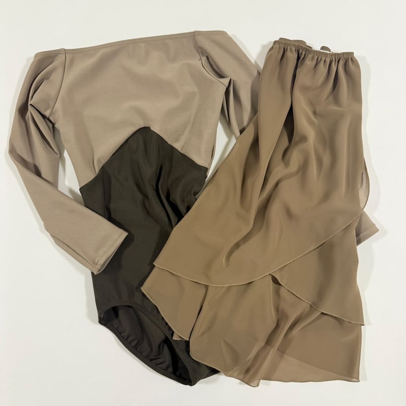 バイカラーレオタード】オフショルダーレオタード7分袖 ベージュ