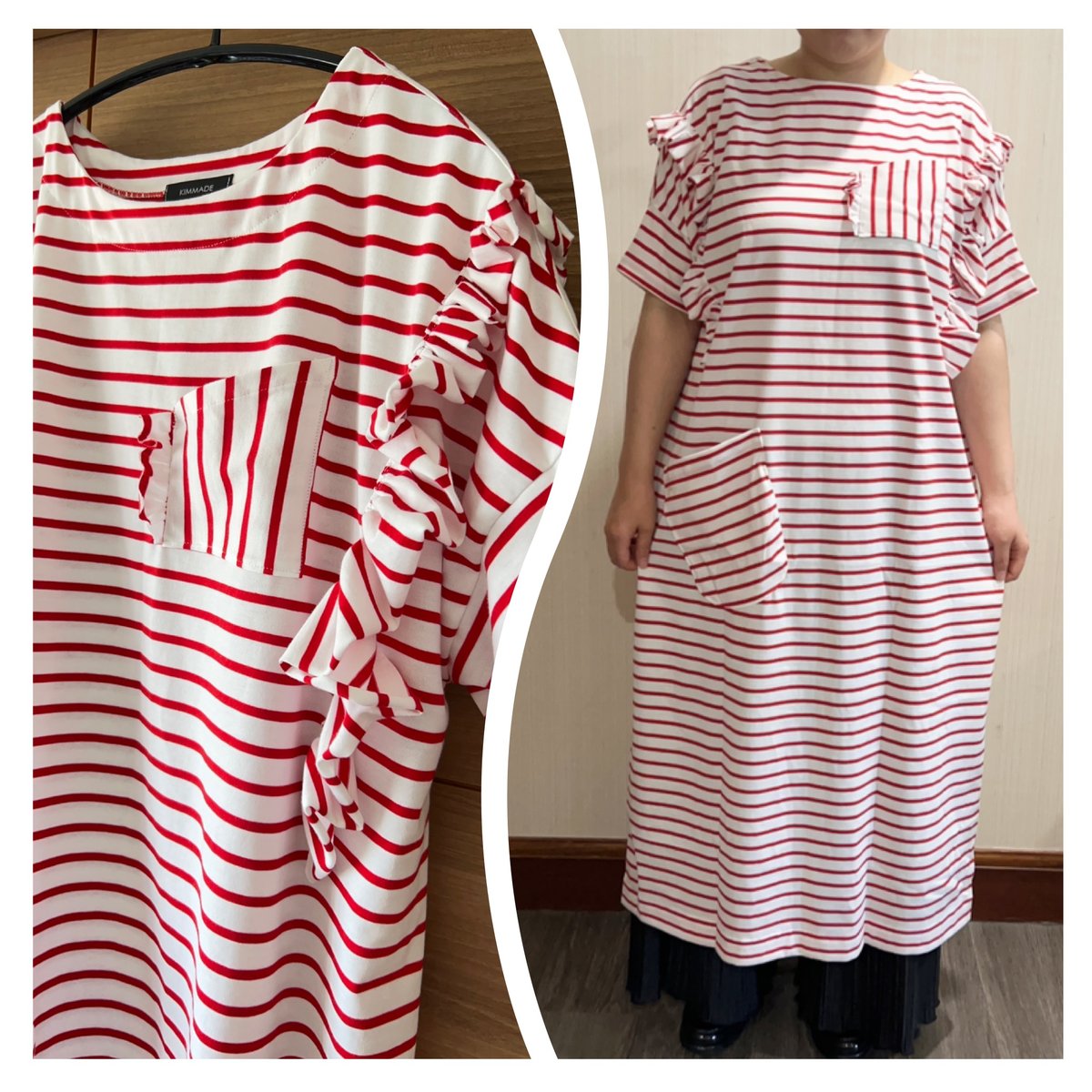 Border T-shirt Giza cotton dress / 25.White Red