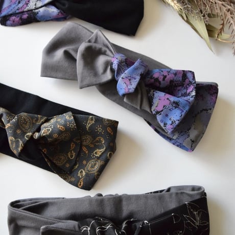 ribbon turban / 抜染 Aloha  purple × T-shirt dark gray