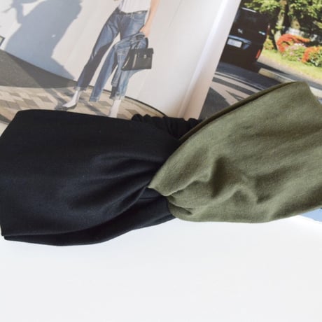 ◆ご予約◆T-shirt turban / black x khaki / cross hairband
