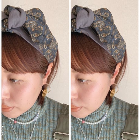 paisley green × T-shirt dark gray  or black / ribbon turban