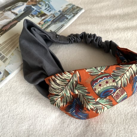 【柄×無地】ALOHA orange × dark gray / アロハ柄  /クロスターバン ヘアバンド