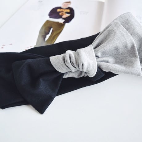 bicolor T-shirt  ribbon turban /gray x black