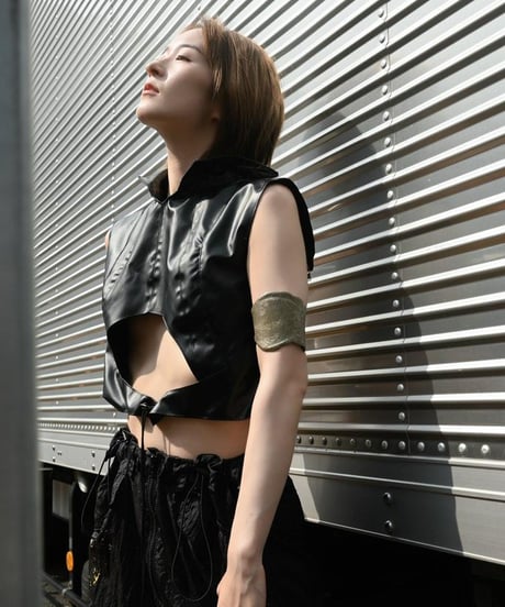 JFR "Superwoman's bontage top" P.V.C black & Bonding satin.
