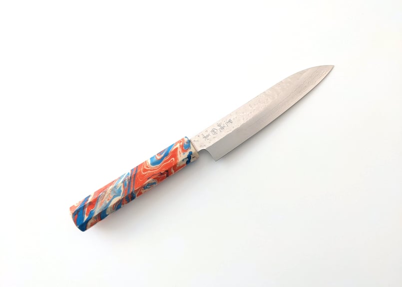 QK0025 | VG7積層 | 鎚目ペティ135㎜ | オレンジ青マーブル柄 QK0025 | VG7積層 | 鎚目ペティ135㎜ | オレンジ青マーブル柄