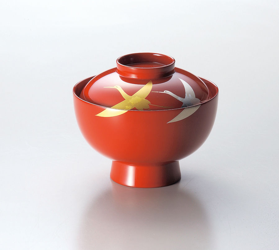 時代逸品！上質時代朱漆に極上鶴蒔絵のお椀2点（検輪島塗蒔絵椀雑煮椀 時代逸品！時代糸目朱漆に極上高台寺蒔絵の映えるお椀2点（検