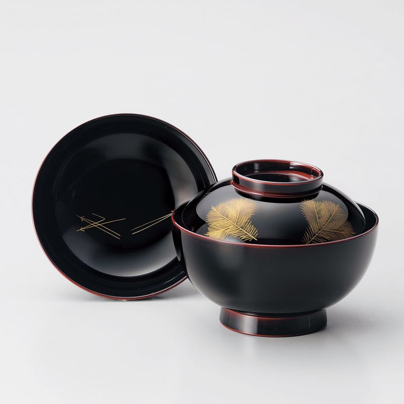 沈金若松 雑煮椀（溜） | 【公式】うるしギャラリー久右衛門