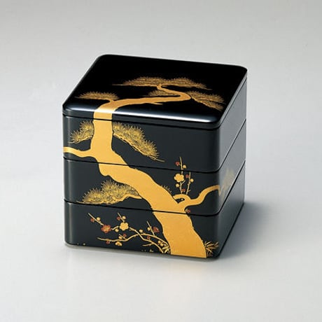 越前漆器□越前塗 三段重 重箱6.0 古代朱内黒□天然