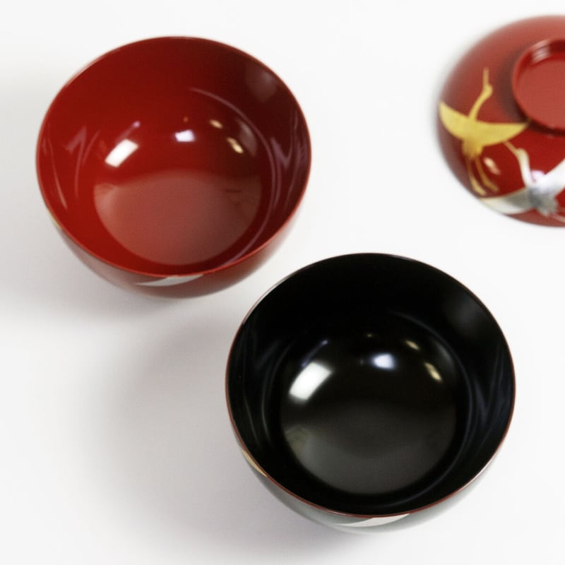 漆塗　煮物椀２客　蒔絵　鶴　光琳波　祝膳　R1284ダN2 漆塗 煮物椀2客 蒔絵 鶴 光琳波 祝膳 R1284ダN2 漆塗 煮物椀2客 蒔絵