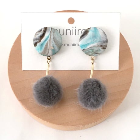 【POC-015】マーブルピアス -pom pom-　ストーン×グレー