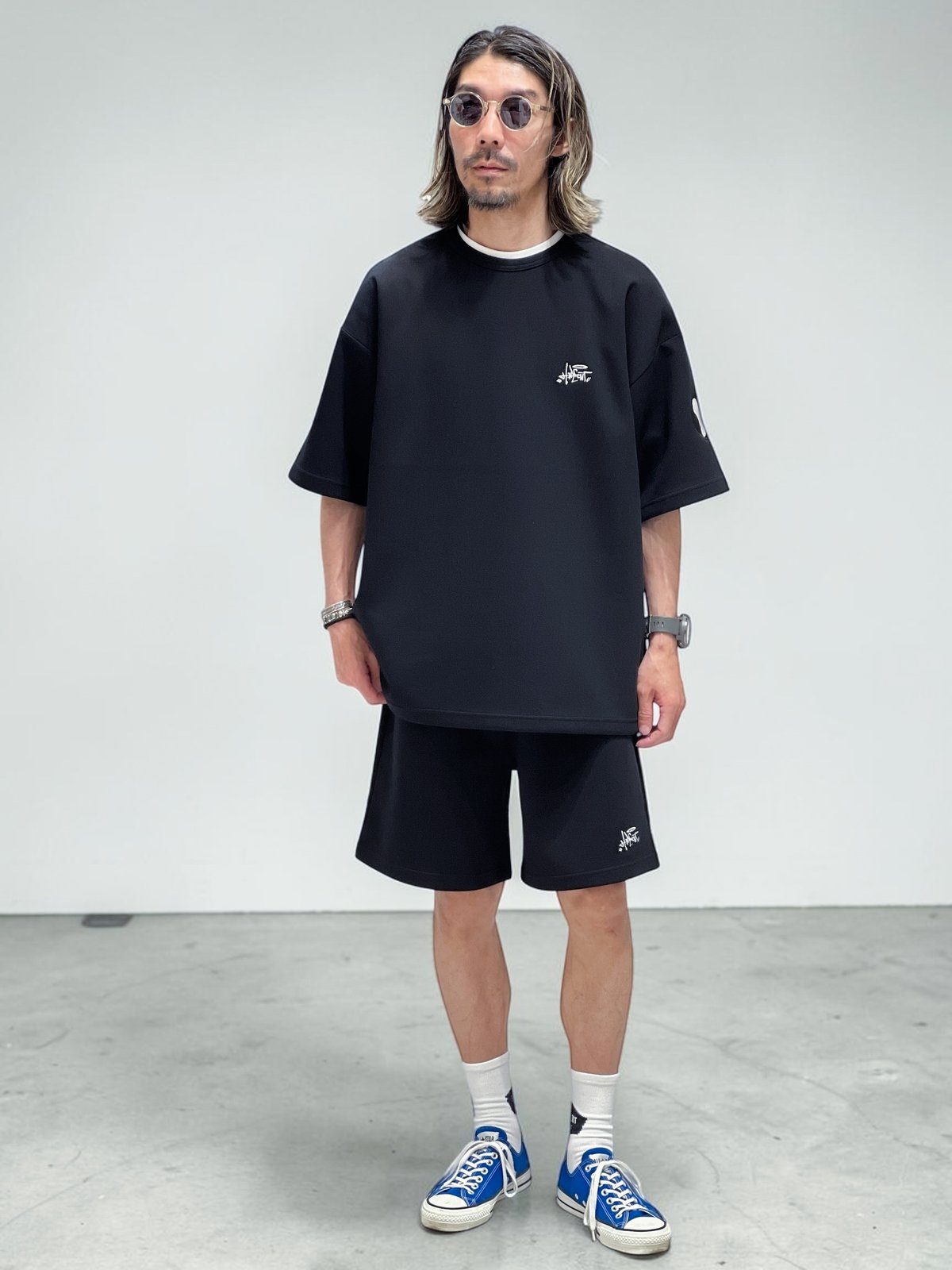 STREET-LOGO」刺繍ダンボールニットショーツ/BLACK/M/L | HIDEOUT