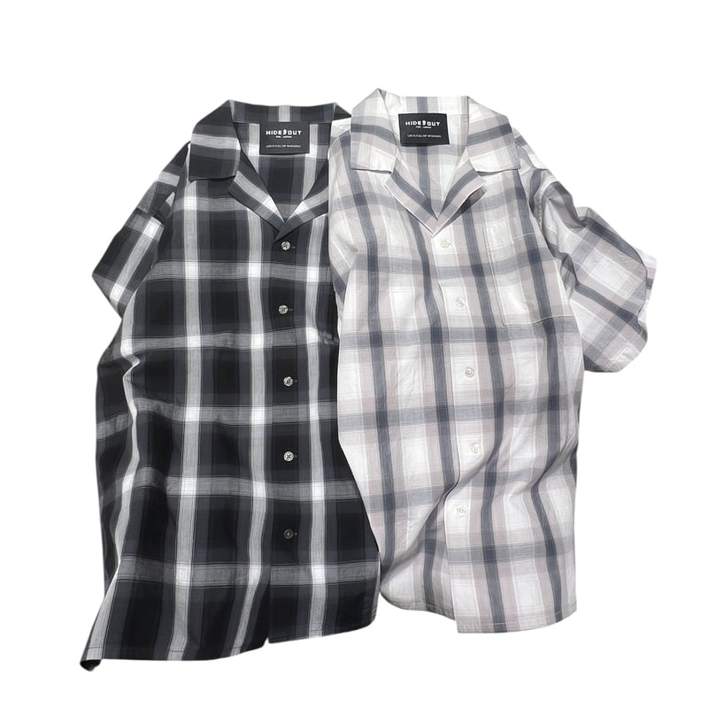 COTTON OPEN COLLAR CHECK SHIRTS / GREY/BLACK/M/
