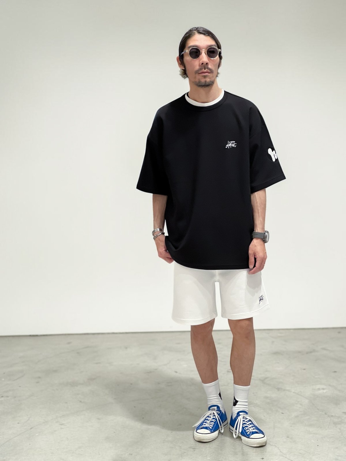 STREET-LOGO」刺繍ダンボールニットショーツ/BLACK/M/L | HIDEOUT