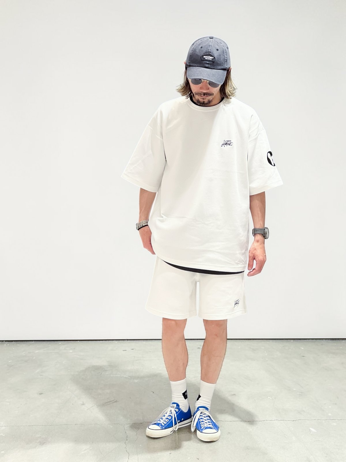 STREET-LOGO」刺繍ダンボールニットショーツ/WHITE/M/L | HIDEOUT