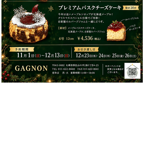 ※冷凍発送のみ　【2026GAGNON X'mas限定】　プレミアムバスクチーズケーキ
