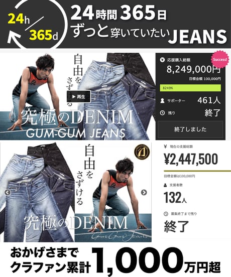 【最後の2着｜再入荷なし】ご支援額：1,000万円超／世界陸上メダリストが本気で走れる／2倍のび〜る超撥水デニム『GUM-GUM JEANS』BLUE／ミッドブルー／加工有りヴィンテージカラー