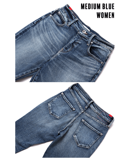 【特許超撥水】脚を長く・まっすぐ・美しく魅せる神JEANS WOMENミッドブルー／脚痩せ効果抜群／MID BLUE／ヴィンテージカラー