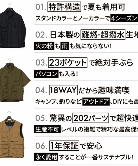 【極少量限定／再入荷なし】MB氏も絶賛！究極の手ぶらアウター／THE PERFECT ALL-WEATHER JACKET／18WAYで春夏秋冬OK／難燃・超撥水／23ポケットで手ぶら
