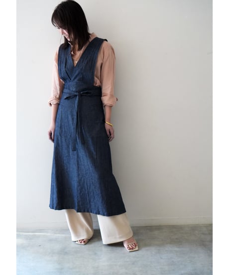 限定インディゴデニム　リボンクロスエプロン