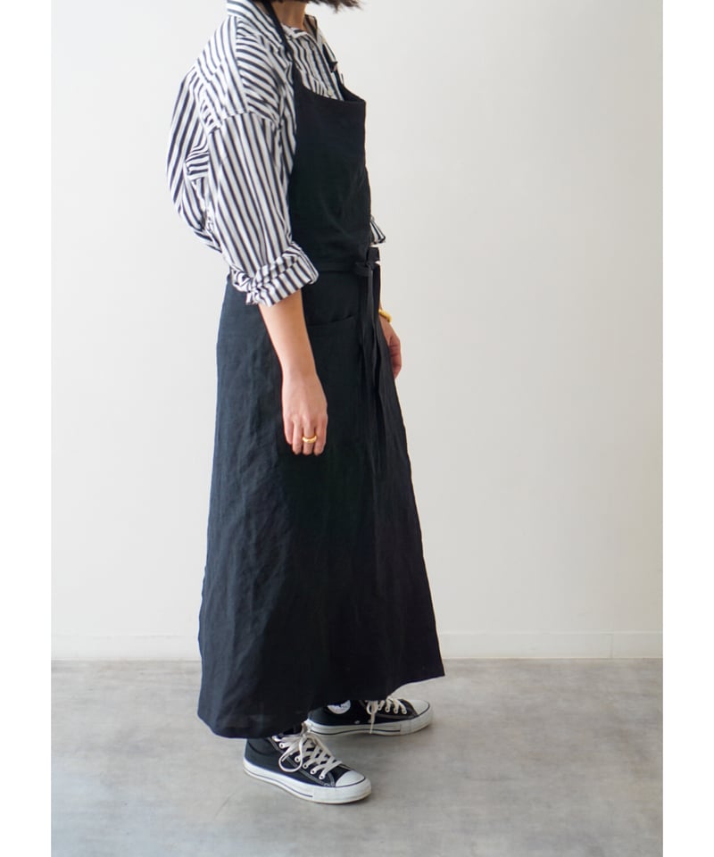 リネン100%ロングエプロン深スリット リネン100%ロングエプロン深