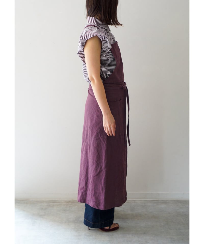 リネン100%ロングエプロン深スリット スリットエプロン バーカンディ