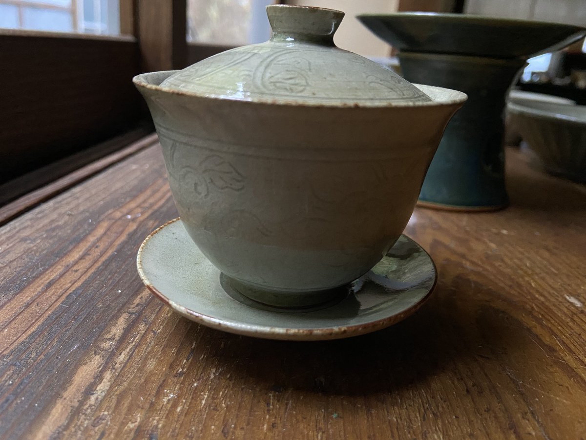 枝月窯 齋藤有希子 / 淡緑釉牡丹唐草蓋碗 | 岳間茶寮 好信楽