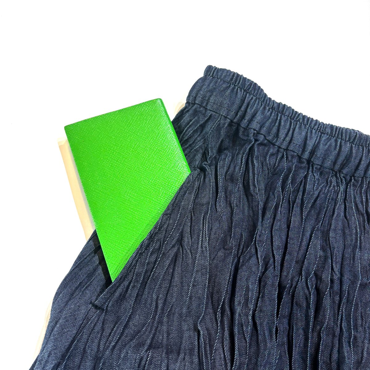 ベイクド・クリンクル・デニムスカート】 ウエストヒモ+ポケット付