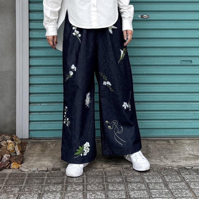 White Flower Denim /Wide Pants】 | RIVER MAIL S