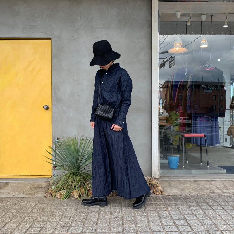 RIVER MAILベイクド クリンクル デニムシャツ 日本製シワ加工岡山