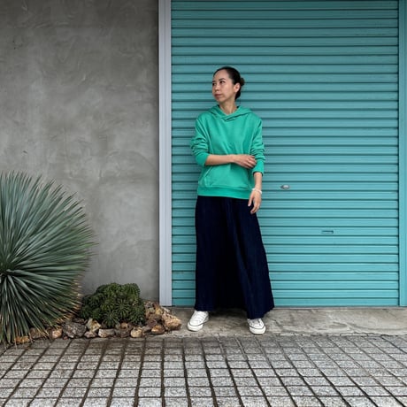 【ベイクド・クリンクル・デニムスカート】"Green Over Dye" ウエストヒモ+ポケット付 80cm ※残り１点