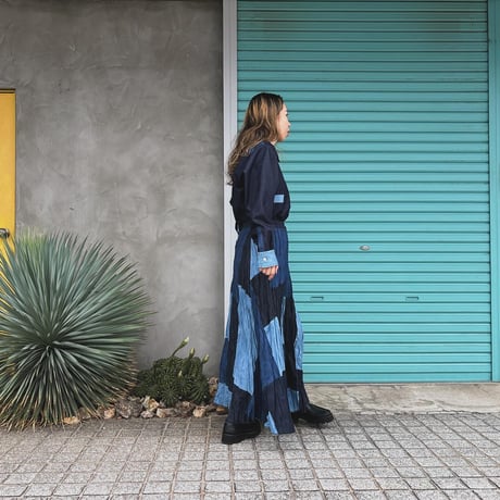 【Baked Crinkle Denim Skirt】Patchwork