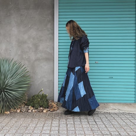 【Baked Crinkle Denim Skirt】Patchwork