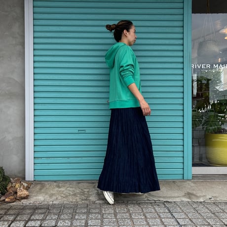【ベイクド・クリンクル・デニムスカート】"Green Over Dye" ウエストヒモ+ポケット付 80cm ※残り１点
