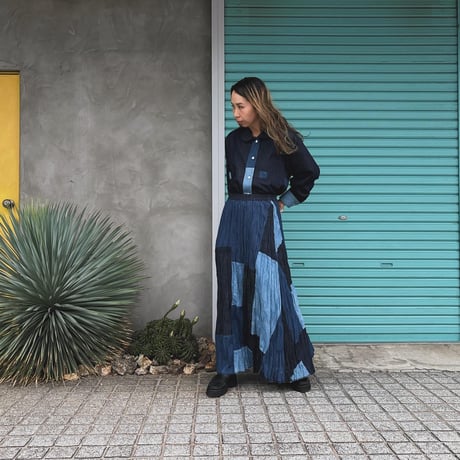 【Baked Crinkle Denim Skirt】Patchwork