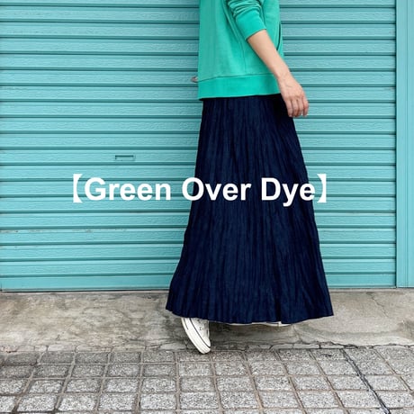 【ベイクド・クリンクル・デニムスカート】"Green Over Dye" ウエストヒモ+ポケット付 80cm ※残り１点