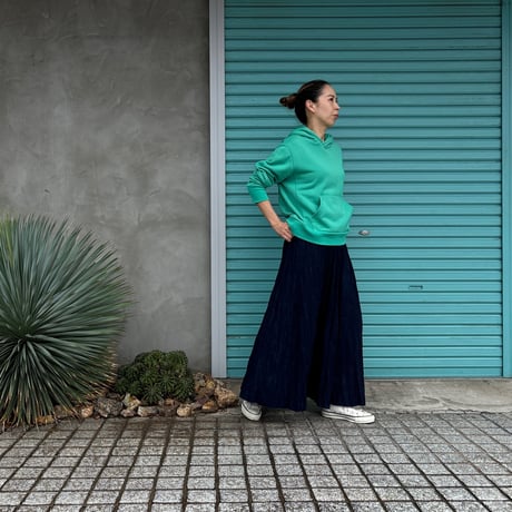 【ベイクド・クリンクル・デニムスカート】"Green Over Dye" ウエストヒモ+ポケット付 80cm ※残り１点