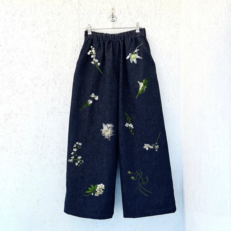 Flower Print / Denim Wide Pants】indigo×white f