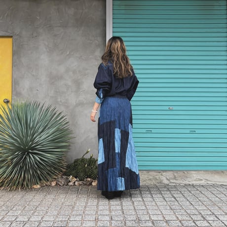 【Baked Crinkle Denim Skirt】Patchwork