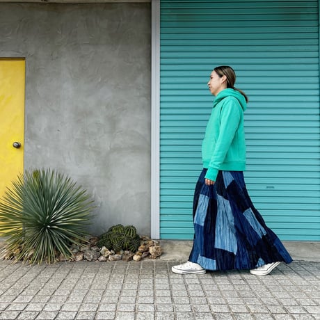 【Baked Crinkle Denim Skirt】Patchwork