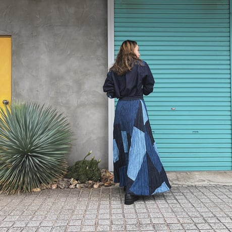 【Baked Crinkle Denim Skirt】Patchwork